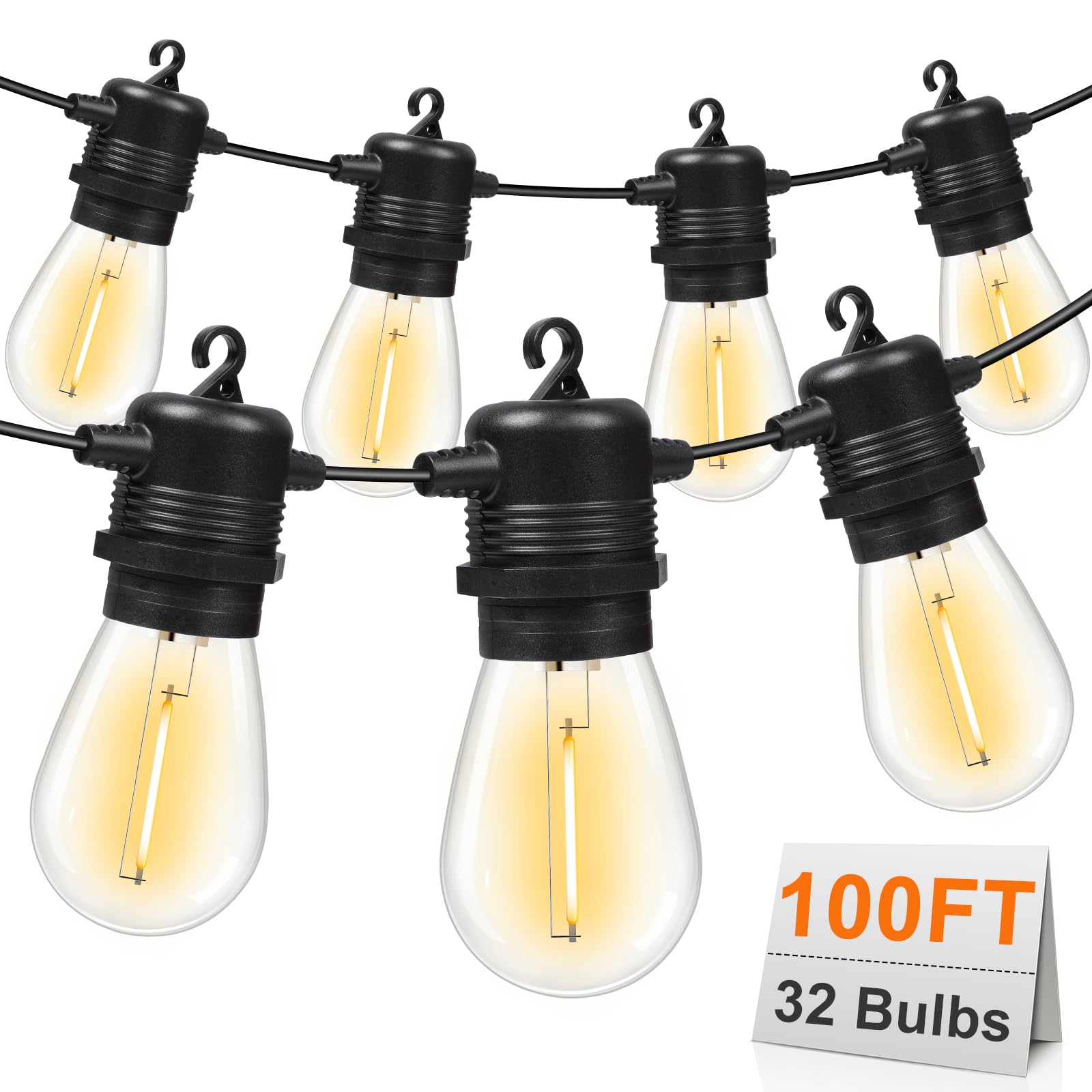 GvvooHome 100FT LED Outdoor String Lights, Commercial Grade Patio Lights with 30+2 Shatterproof S14 Edison Vintage Bulb for Outside Backyard Porch Balcony Party Cafe Decor Image