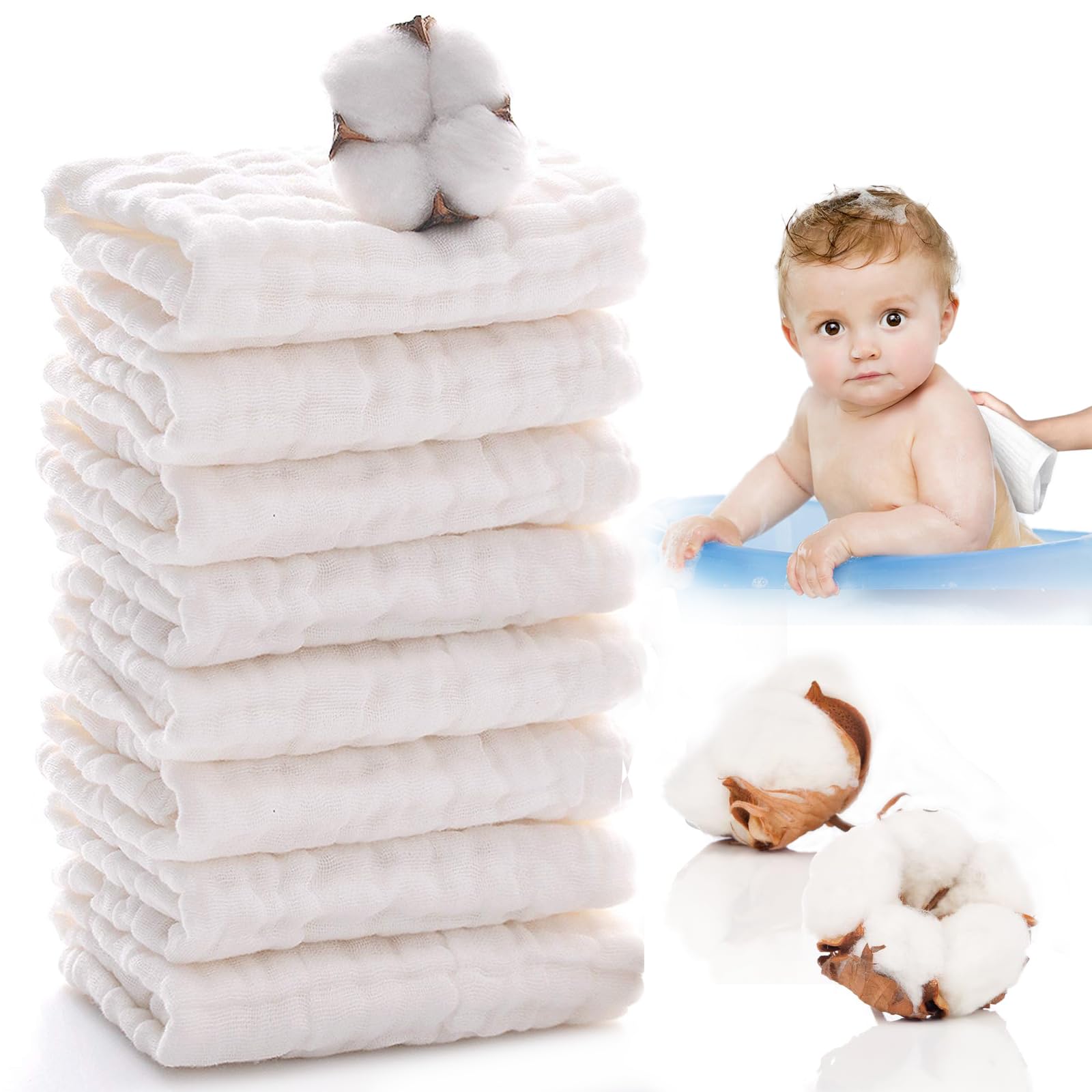 SubTack Muslin Cloths for Baby - 8 Pack, 10x10 Inch Muslin Squares, Soft Cotton Burp Cloths, 6 Layers Absorbent Newborn Essentials, Reusable Baby Towels, White Muslin Face Cloths