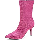ETHSIETA Women's Rhinestone Glitter Stiletto Heel Ankle Boots Pointed Toe Side Zipper Party Short Booties