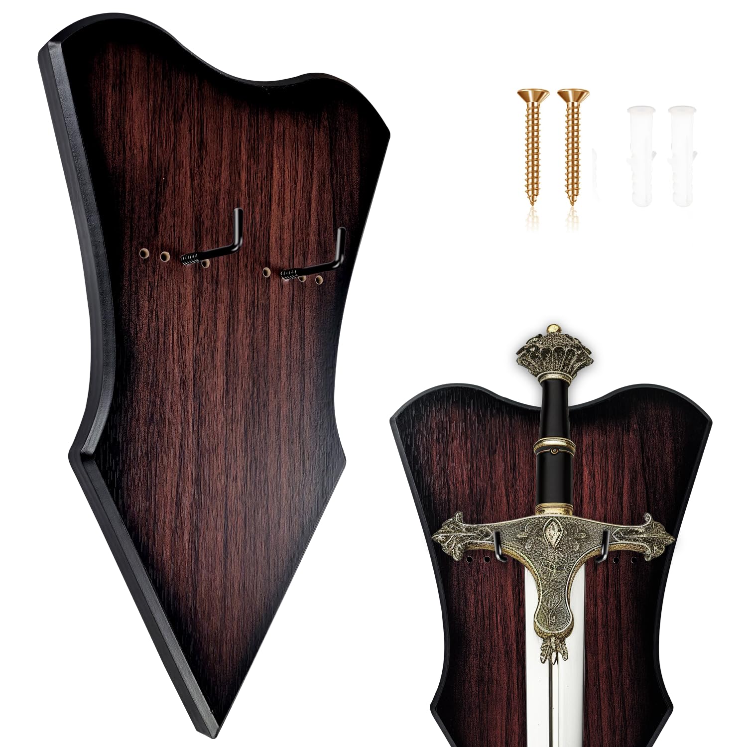 Photo 1 of ***MINOR DAMAGE*** FLURSAILE Sword Plaque Wall Mount Vertical Display Holder Adjustable Stand for Bow Medieval Dagger Axe (1pcs Large Brown)