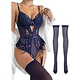 Lilosy Sexy Stocking Lace Mesh Bodysuit Top Underwire Garter Lingerie Set 3 Piece