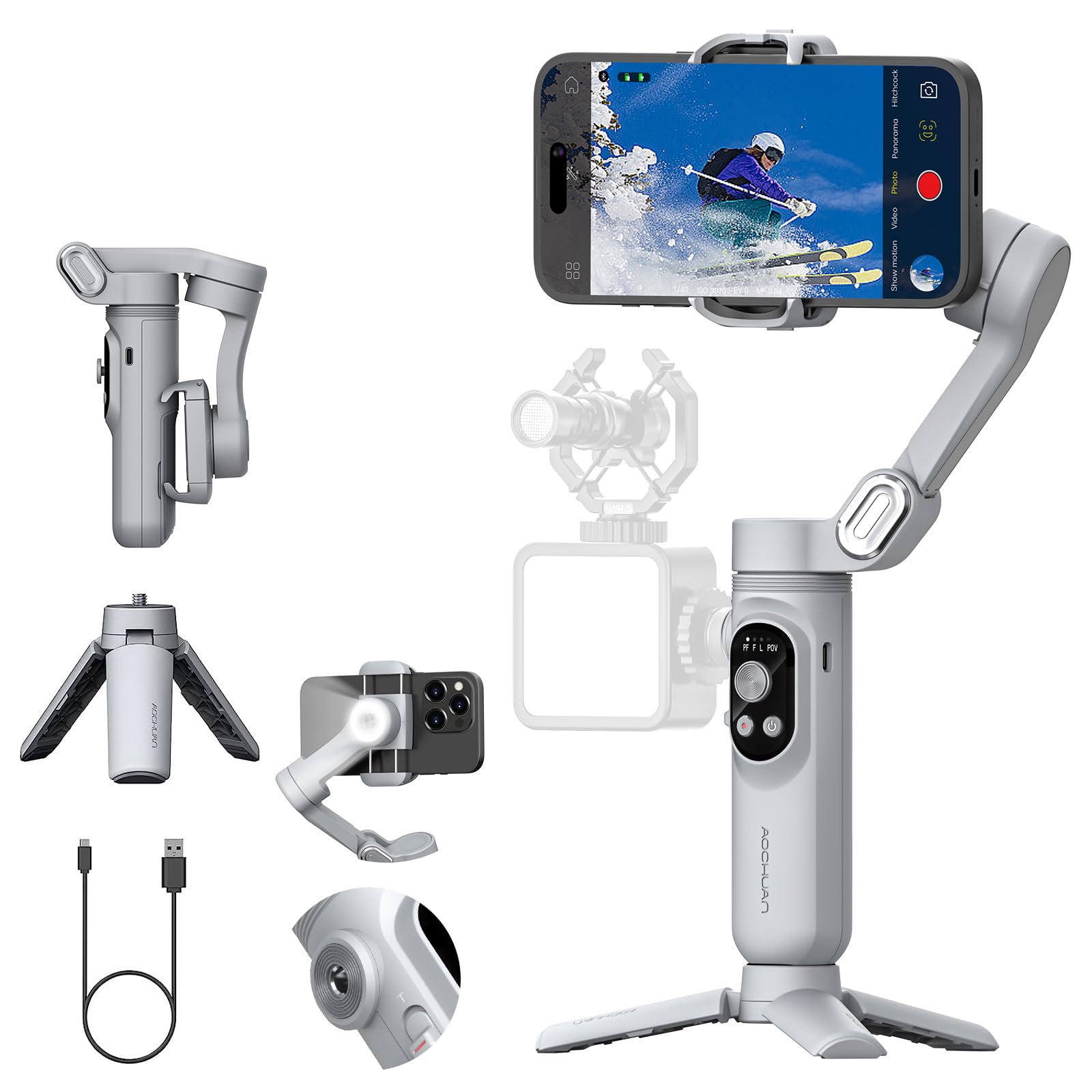 AOCHUAN Gimbal Stabilizer for Smartphone with Face/Object Tracking for iPhone 15 14 Pro Max Android,3-Axis Foldable Phone Gimbal w/Built-in Light,1/4 Threads for TikTok YouTube Vlogging(Smart X Grey)