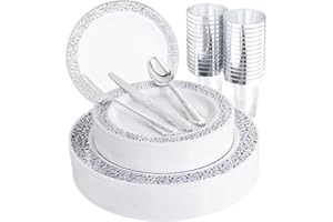 I00000 150PCS Silver Plastic Plates, Disposable Silverware & Plastic Silver Cups, Silver Rim Plastic Tableware include 25 Dinner Plates, 25 Dessert Plates, 25 Tumblers, 25 Forks, 25 Knives, 25 Spoons