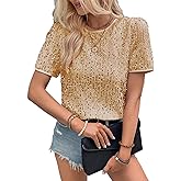 MINTLIMIT Women's Sequin Tops Crew Neck Shimmer Glitter Top Short Sleeve Sparkly Velvet Blouse Club Party Shirt