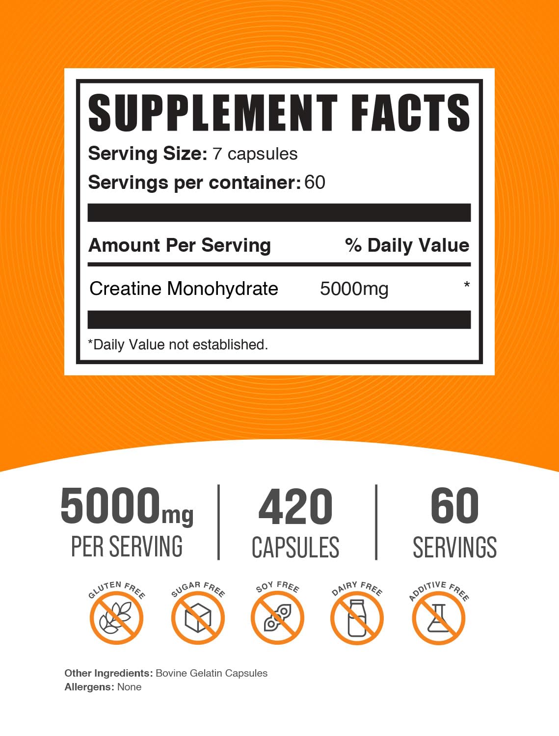 BulkSupplements com Creatine Monohydrate Capsules - Micronized Creatine Monohydrate, Creatine Pills - 7 Creatine Capsules per Serving, 5000mg, Gluten Free, 420 Capsules (Pack of 1)