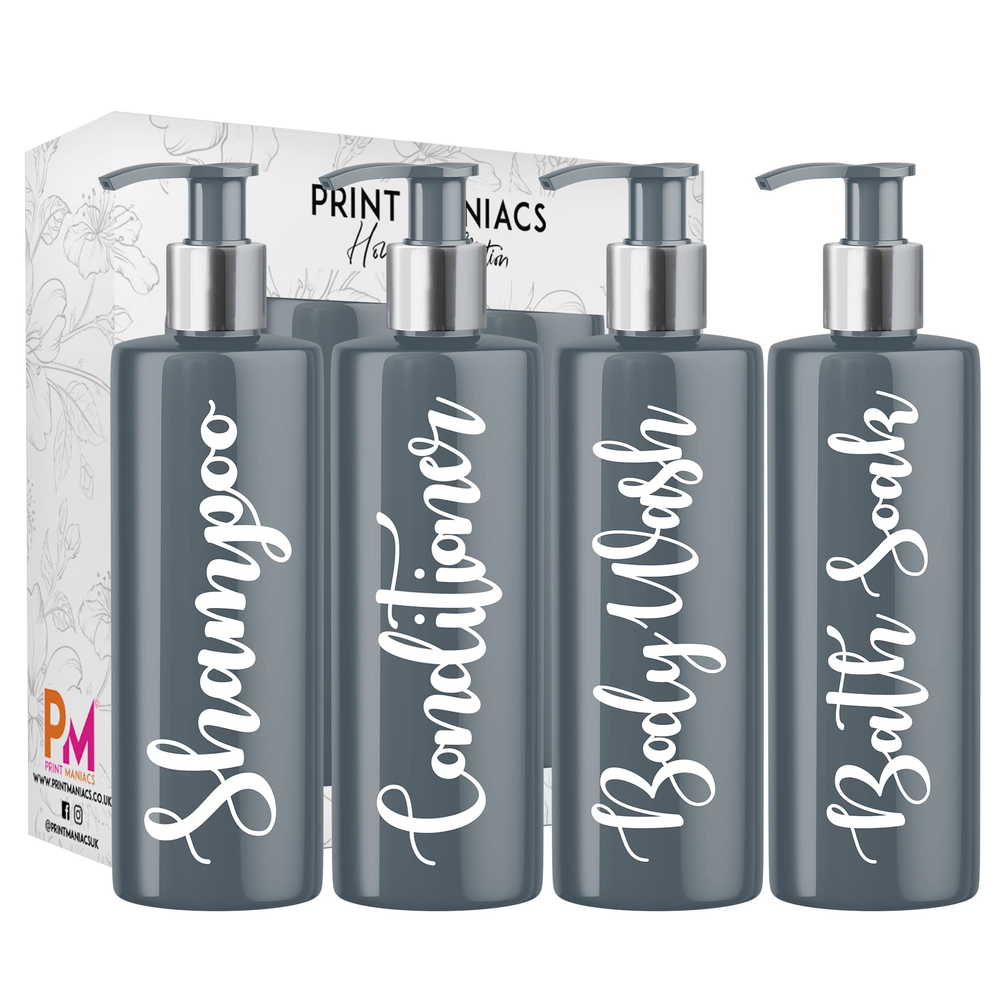 Print Maniacs Grey Mrs Hinch Inspired Personalised 500ml Pump Bottles Bathroom Set Shampoo Conditioner Body Wash Bath Soak (White)