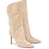 Coutgo Womens Mid Calf Boots Stiletto High Heel Pointed Toe Boots Pull On Suede Winter Dress Shoes