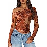 ZESICA Women's Floral Off Shoulder Long Sleeve Tops 2026 Spring Mesh Ruched Fitted Trendy Going Out Shirts Blouses