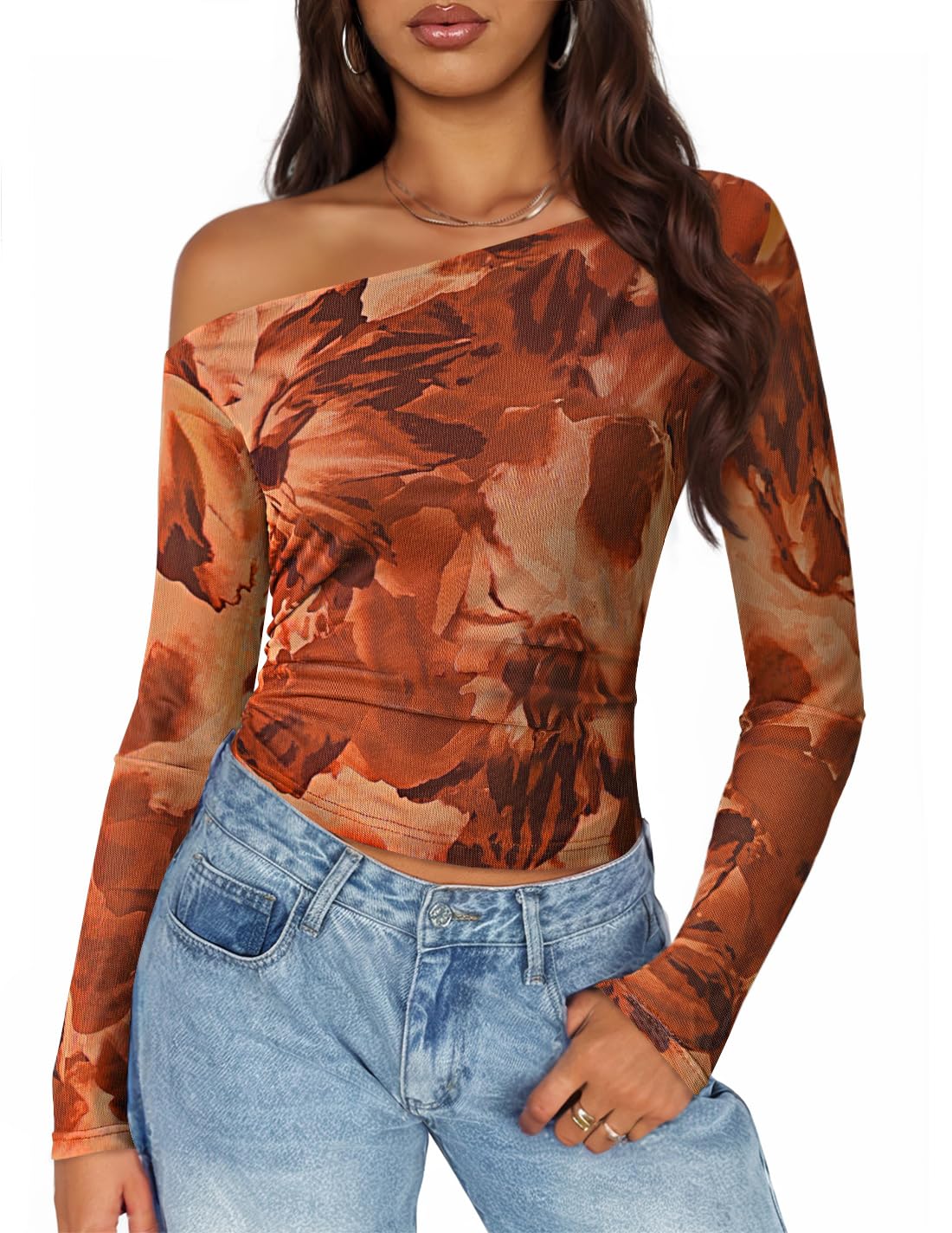 Photo 1 of ZESICA Women's Floral Off Shoulder Long Sleeve Tops 2025 Fall Mesh Ruched Fitted Trendy Going Out Shirts Blouses Brown XL