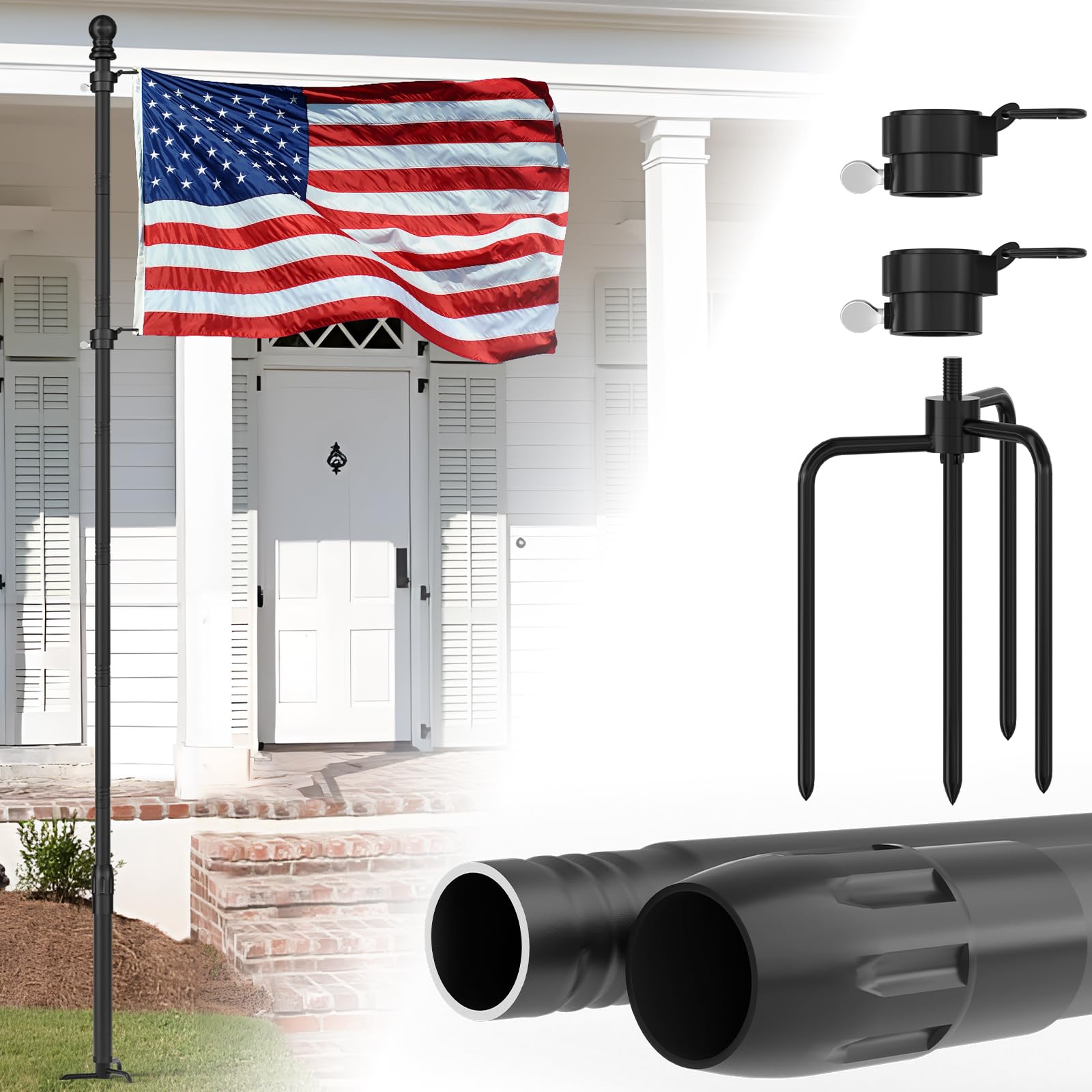 thumbnail image 2 of 8FT Black Flag Pole Kit With American Flag - In-Ground Stainless Steel Pole 2 of 6