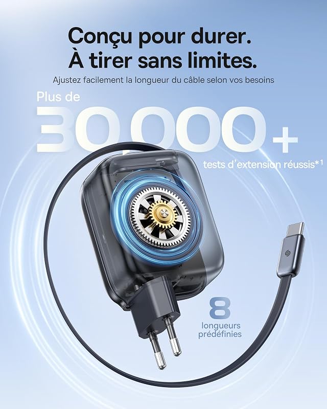 Chargeur USB C 45W, Baseus Enercore avec Câble USB-C Intégré, Chargeur iPad, Adaptateur Secteur À Charge Rapide PPS pour Galaxy S25 Ultra/S24/S23/Note, iPhone 17/16/15, Pixel, Câble Rétractable