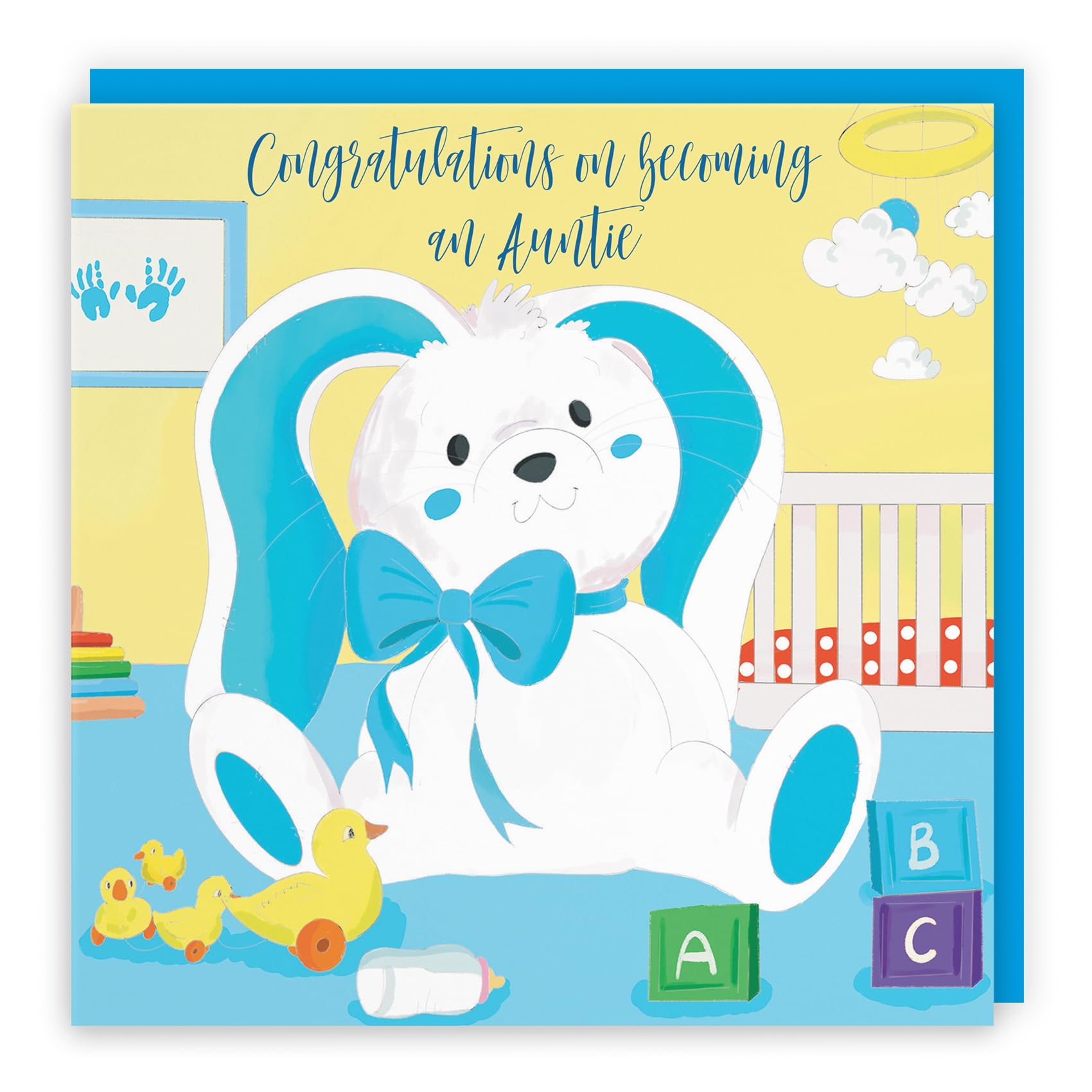 Hunts England - New Auntie Congratulations Cute New Baby Card - Congratulations On Becoming An Auntie - Newborn - Blue Rabbit - Classic Collection