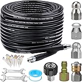 ZOFINE Sewer Jetter Kit for Pressure Washer 100FT, 5800PSI Drain Cleaner Hose 1/4 Inch NPT Corner, Rotating and Button Hose Sewer Jetting Nozzle Pearl Corsage Pin Waterproof Tape with 2 Spanner