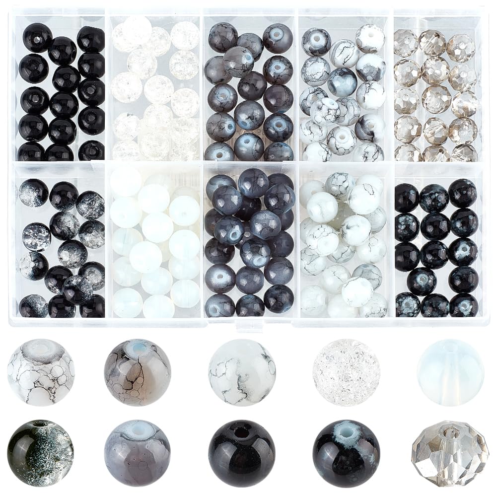 SUNNYCLUE 1 Box 200Pcs 10 Styles 8mm Glass Beads Bulk Black and White Beads Small Round Transparent Crackle Faceted Space for jewellery Making Bracelet Necklace DIY Crafts Gifts Women Adults