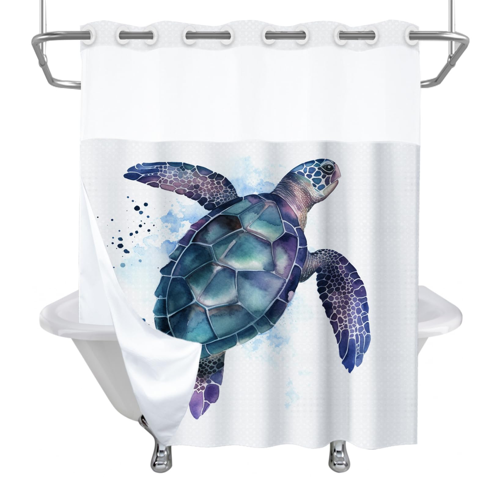 Final Friday Funny Sea Turtle Shower Curtains Ocean Animal Cartoon Kids Theme No Hook Waffle Weave Shower Curtain with Snap in Liner Polyester Fabric Bathroom Decor Set 72 W x 74 H Inch Teal Purple