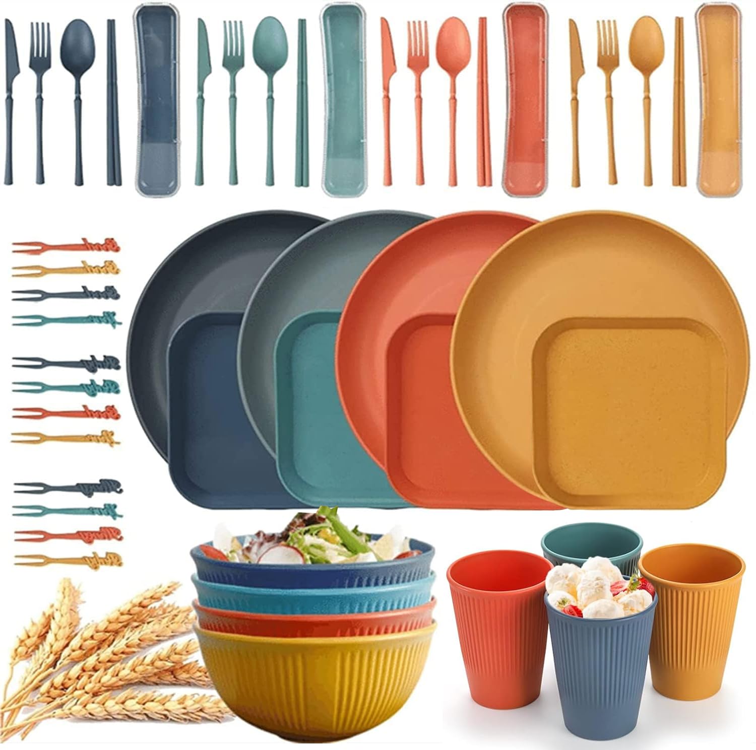 48Pcs Unbreakable Dinnerware Sets, Plastic Plates and Bowls Sets with Cups, Cutlery, Lightweight Reusable Party Dinner Plate Cutlery Set, Picnic Camping Dinner PP Sets for Kitchen Outdoor Party BBQ