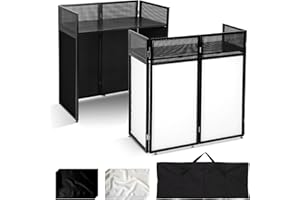 Portable DJ Booth Table,Foldable Stand with White & Black Scrim, Metal Frame DJ Facade, DJ Stand with Cable Hole and Carry Ba