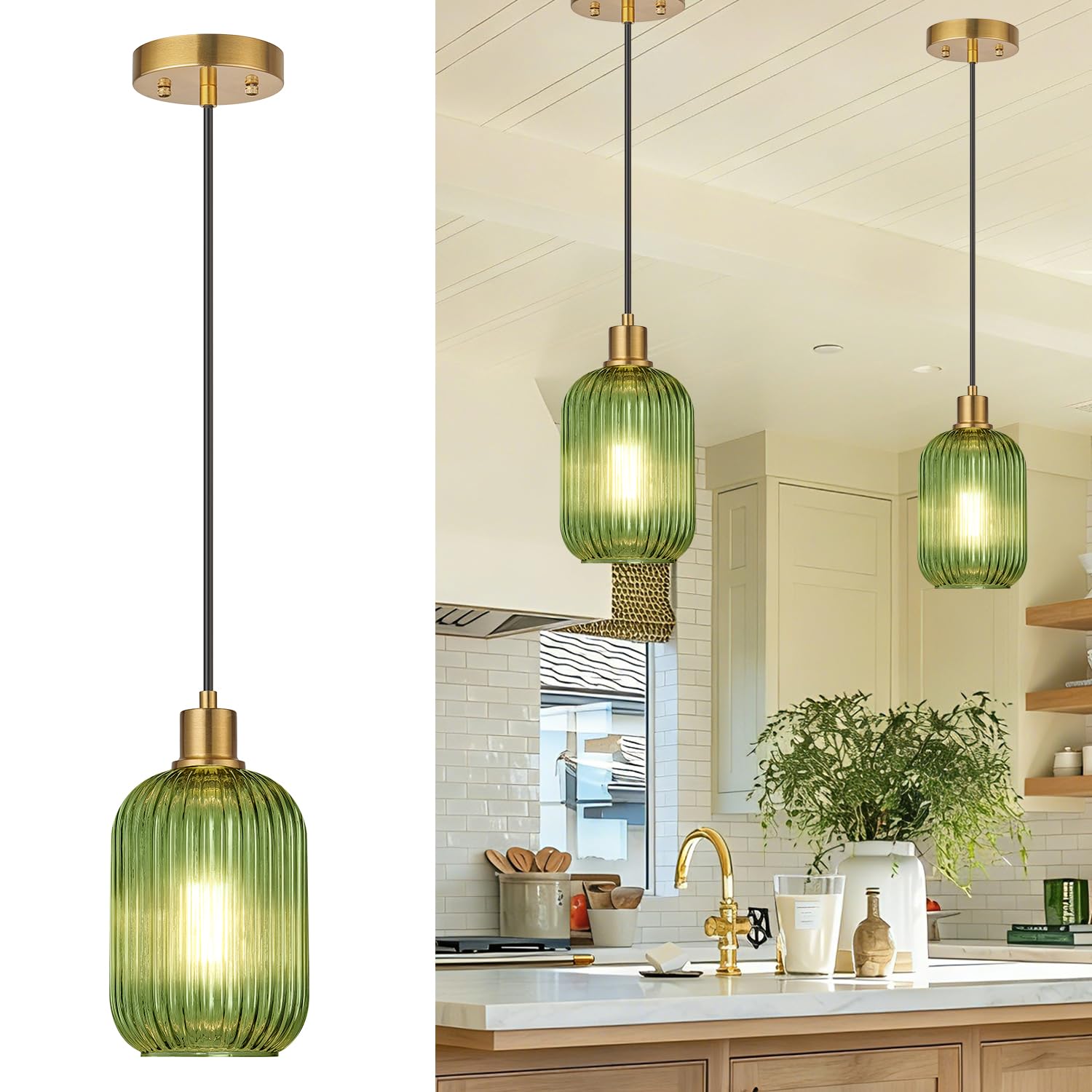 Photo 1 of 2 Pack Pendant Lights with Vintage Green Ribbed Glass Lampshade, Adjustable Brushed Gold Pendant Lights Fixtures for Kitchen Island Lighting Sink, Dining & Living Room Hallway (Bulbs Not Included)