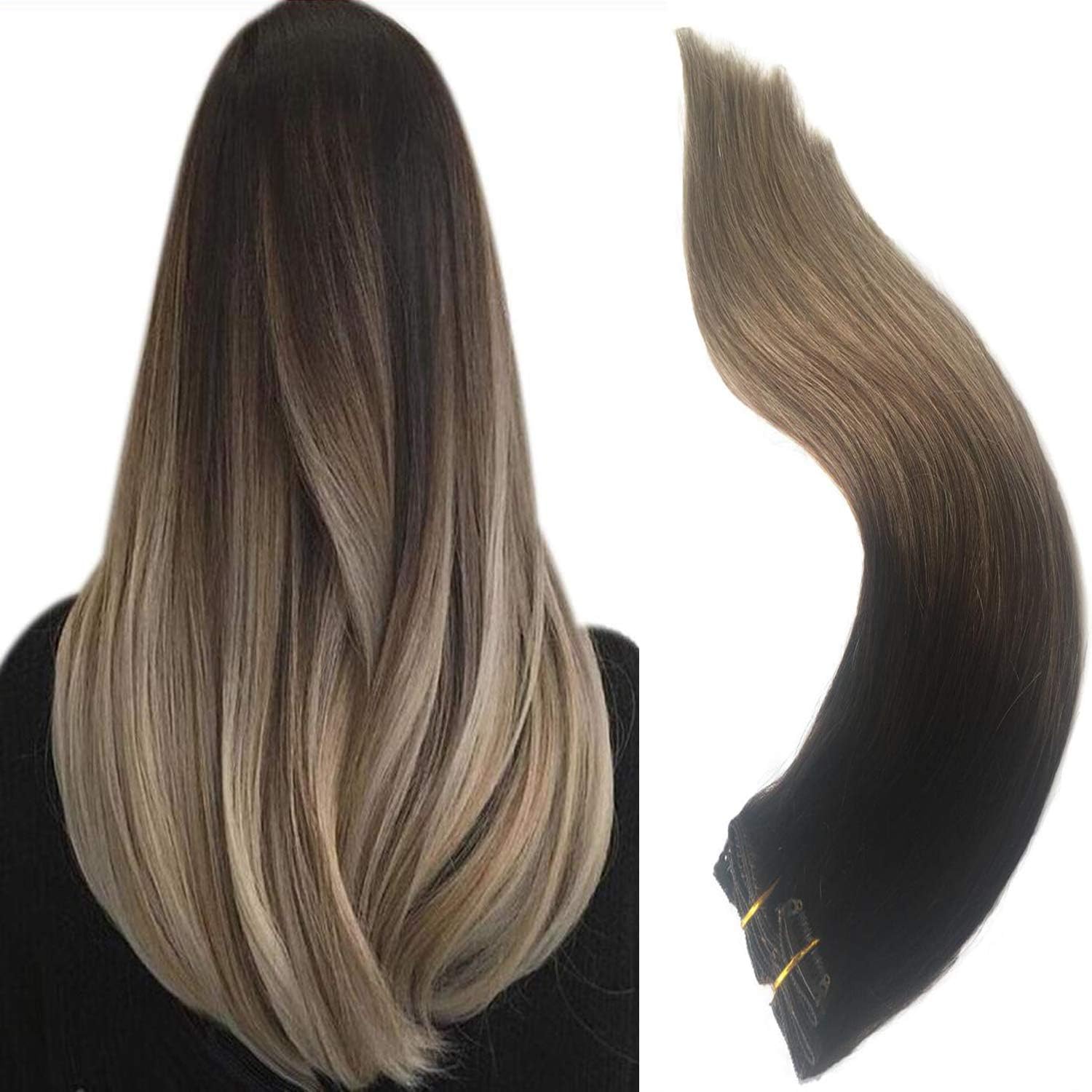 Valiilo Brown Highlights Hair Extensions Clip in Human Hair Extensions Medium Brown to Ash Brown Ombre Real Remy Hair Extensions 22 inch Long Straight Double Weft Natural Hair 7 Pieces 70g for Women
