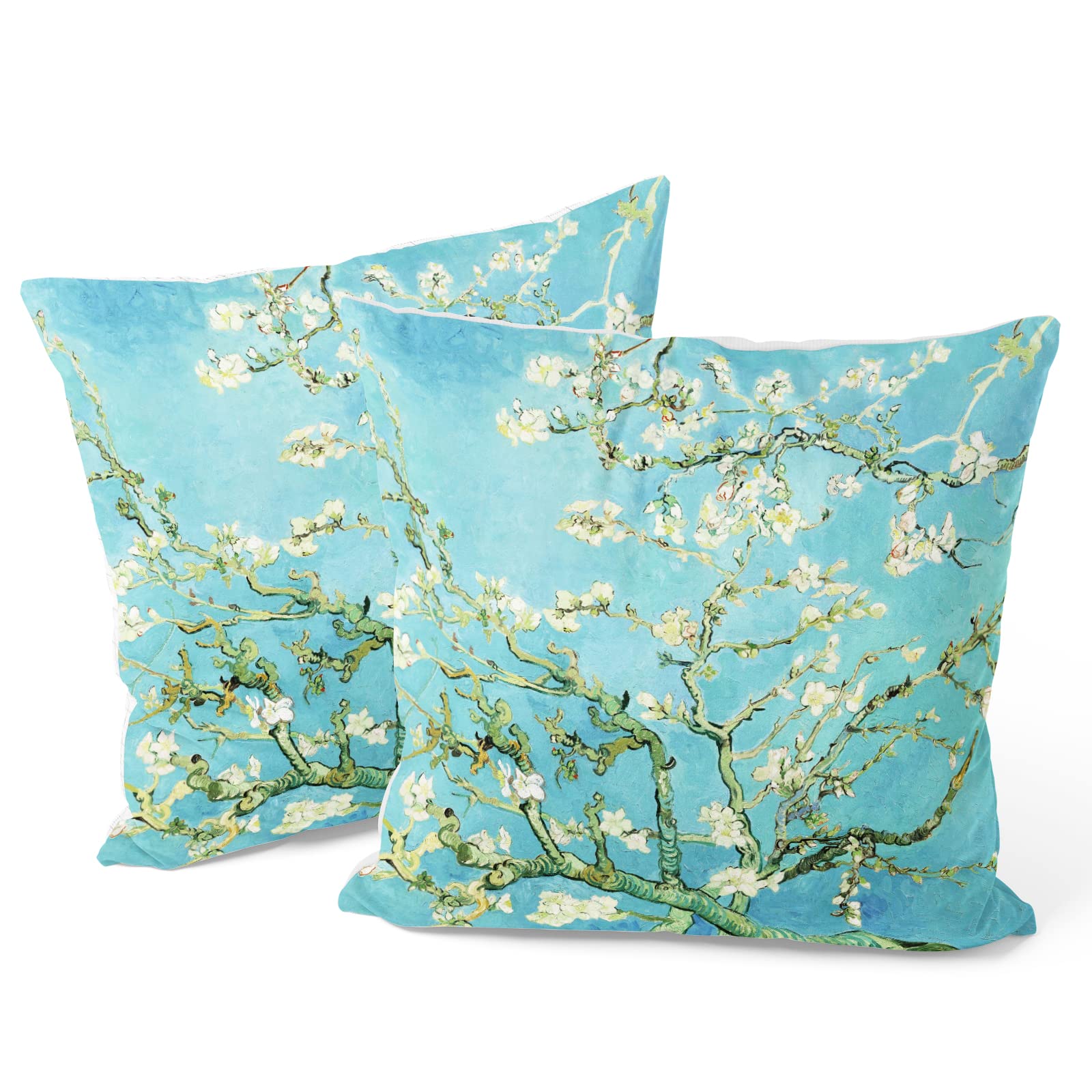 Berkin Arts Decorative Square Throw Pillow Covers Farmhouse Cushion Cases Designed of Art Flower Floral,Polyester Blend. Pack of 2, 18x18 Inch. Teal for Bedroom (Almond Blossom by Vincent Van Gogh)