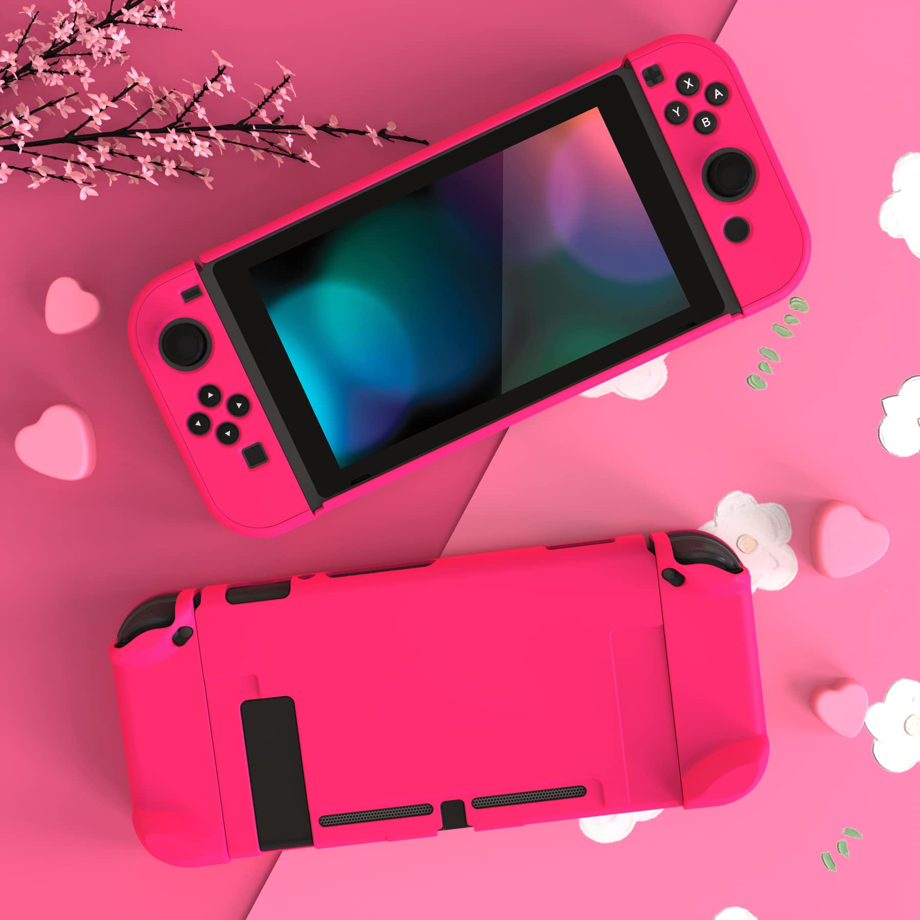 eXtremeRate PlayVital Cover for Nintendo Switch, Protective Case Protector for Switch - Shock-Absorbent Anti-Scratch Dockable Easy to Install Durable Hard Shell Game Accessories, Bright Pink