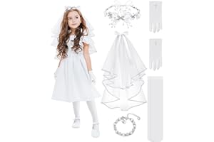 KARENHI 5 Pcs First Communion Girl Accessories First Communion Veils Headpiece with Comb Charm Bracelet Rhinestone Pearl Hair Headband Cross Gloves and Socks for Girls Catholic First Communion Jewelry Set