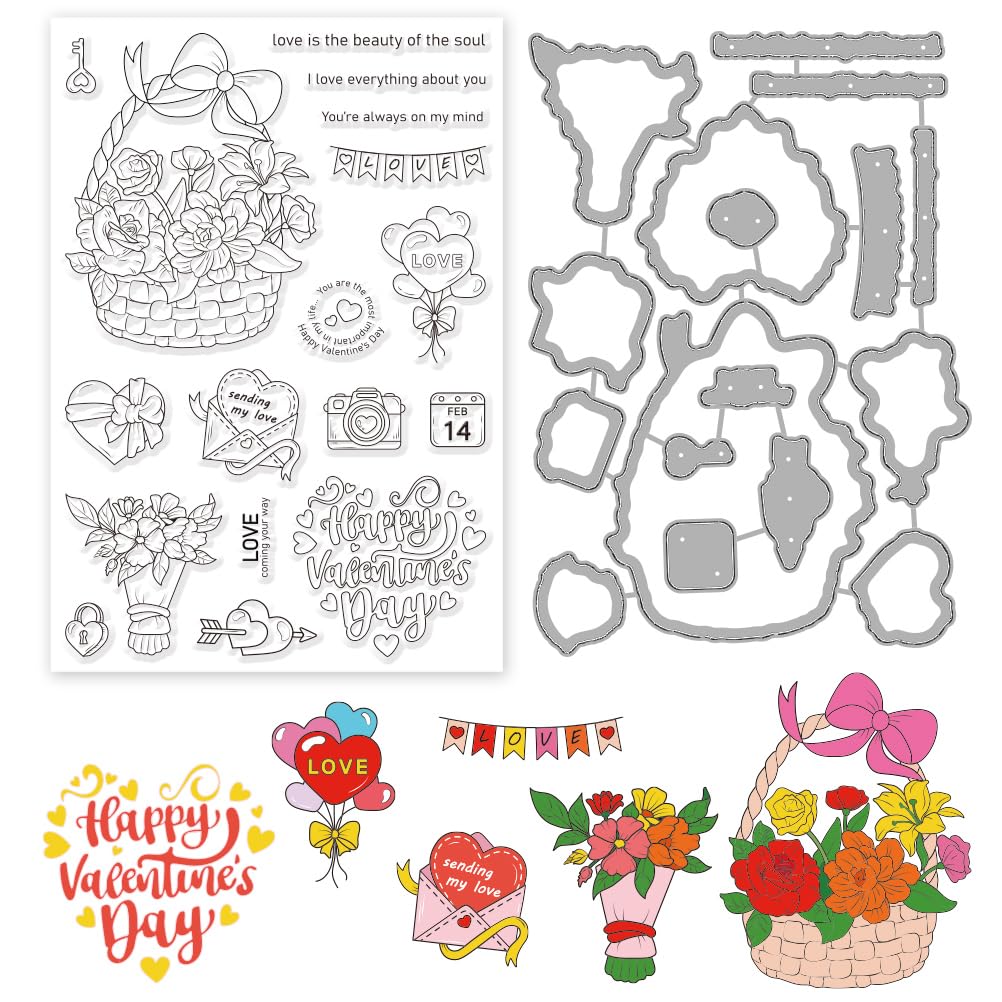 INFUNLY Valentine's Day Clear Stamps and Dies Love Silicone Stamp Flowers Stamps for Card Making Love Heart Stamps and Cutting Dies Flower Basket Stamps and Dies Set for DIY Craft Scrapbooking Decor