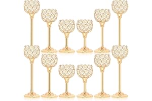 Kehail 12pcs Bulk Crystal Candle Holder Set, 3 Sizes Tealight Candlestick Holders, Elegant Gold Candelabra for Wedding Table Centerpiece, Fireplace, Home & Living Room Decor