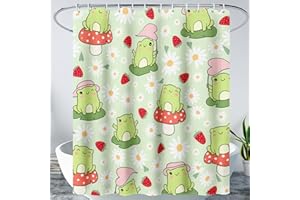 AILONEN Cute Frog Shower Curtain for Bathroom, Kawaii Strawberry and Frog Bath Curtain,Mushroom Frog Kids Girls Waterproof Curtain with 12 Plastic Hooks(72" W*72" H)