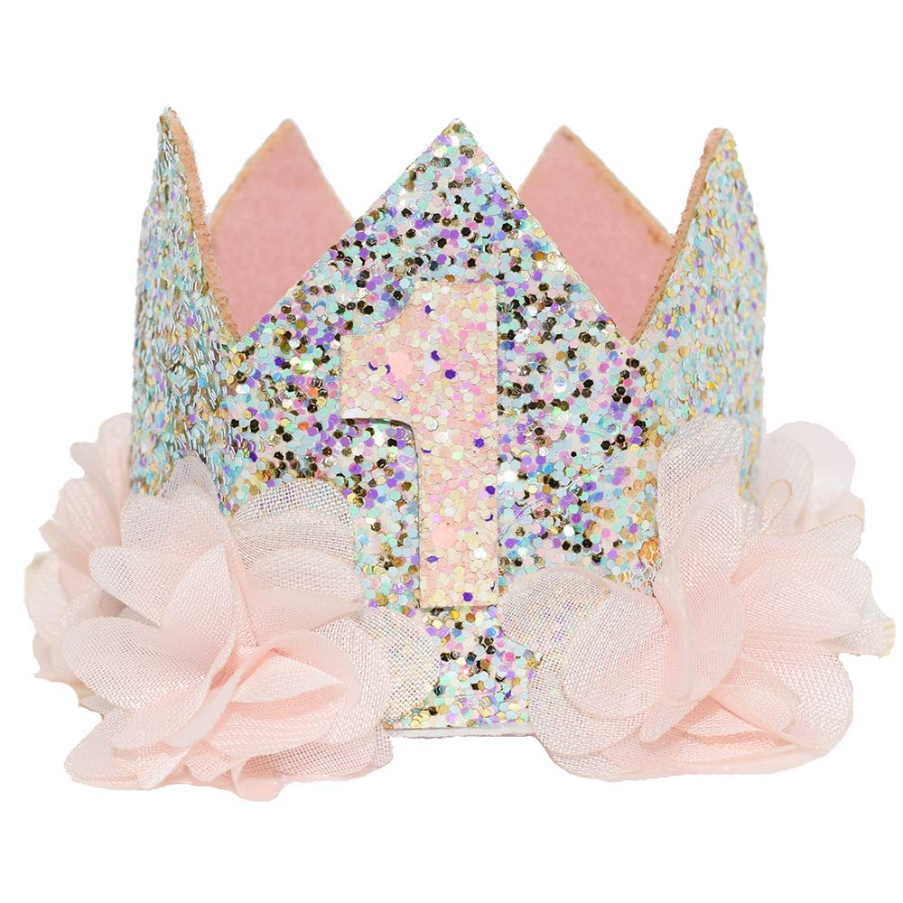 Maticr Chiffon Embellished 1 Birthday Crown Floral Bday Crown Flower Tiara Headband