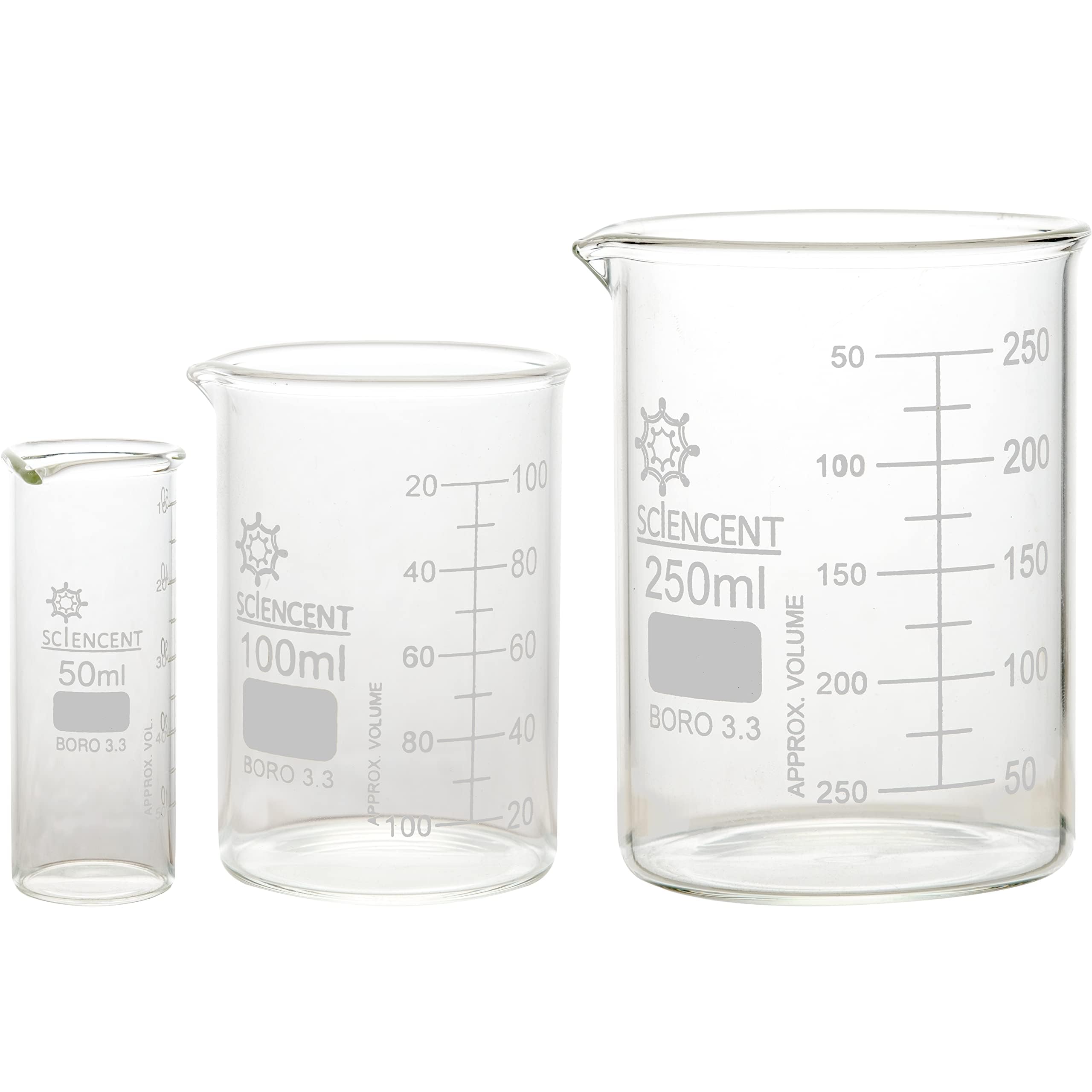 Pack of 3 Glass Beaker Borosilicate Thick Low Form - 50ml, 100ml, 250ml