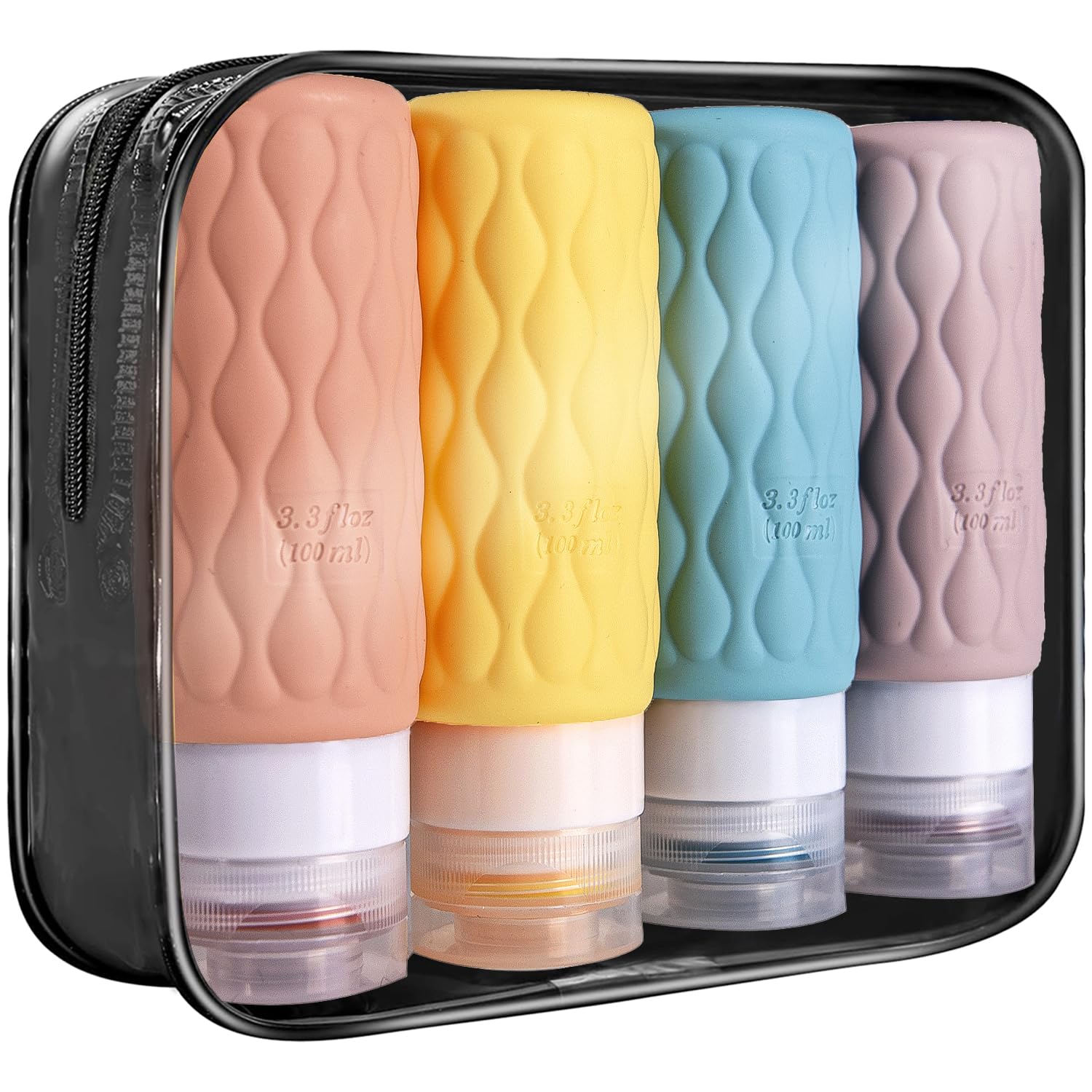 Luxiremi 4 Pack Travel Bottles for Toiletries 100ML Silicone Travel Squeeze Bottles Set with Clear Zipper Toiletry Bag Leakproof Refillable Squeeze Travel Containers