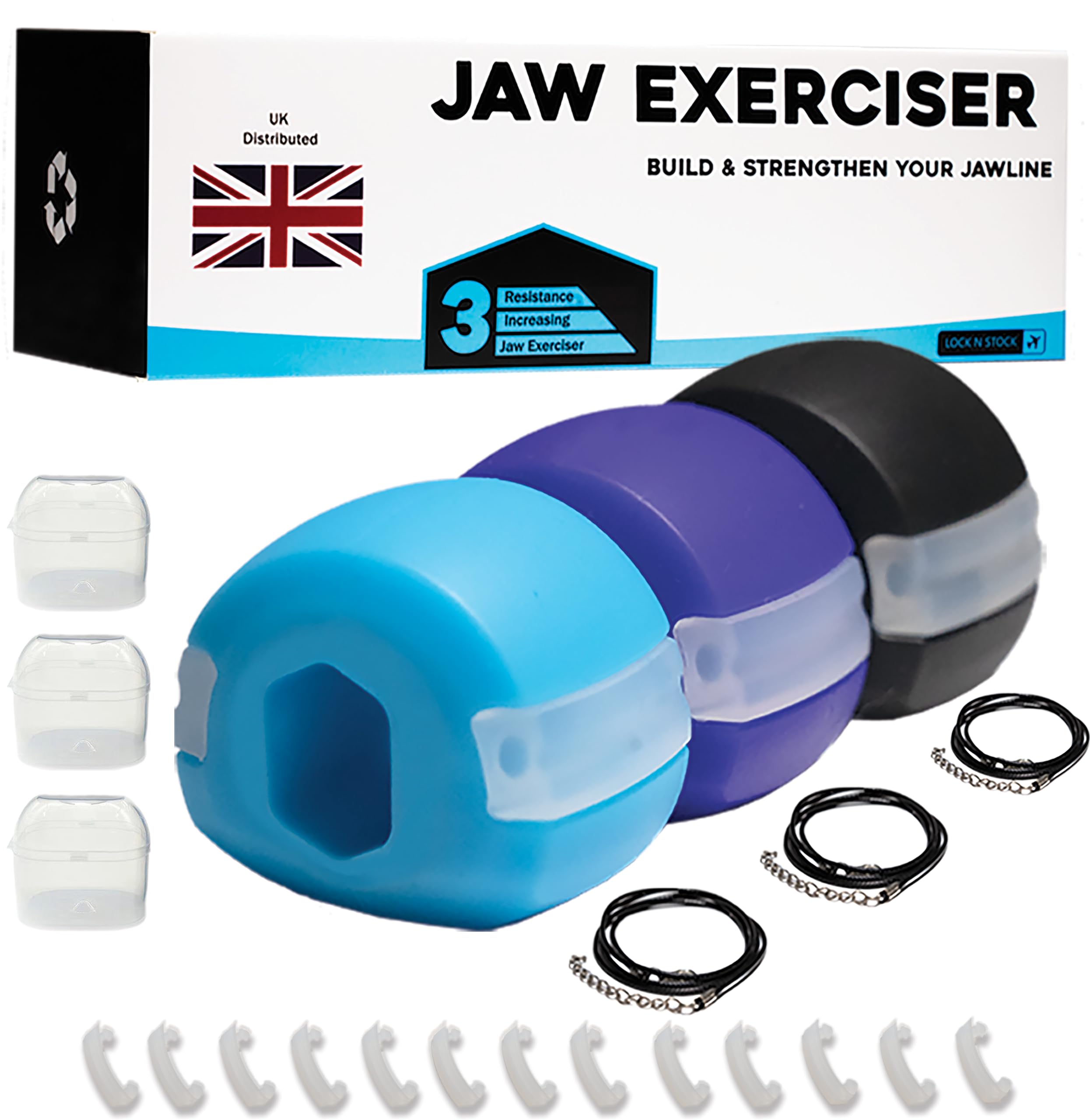 Lock N Stock Jaw Trainer, Exerciser for Jawline - Pack of 3 - Three Levels Of Resistance - Build & Chisel Your Jawline Jawz Includes 12 FREE Extra Biting Strips & 3 Necklaces (UK)