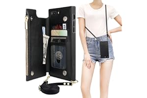 Bocasal Crossbody Wallet Case for iPhone 7 Plus/8 Plus with Card Holder,Zipper Card Slot Protector Shockproof Purse Cover with Removable Cross body Strap 5.5 Inch(Black)