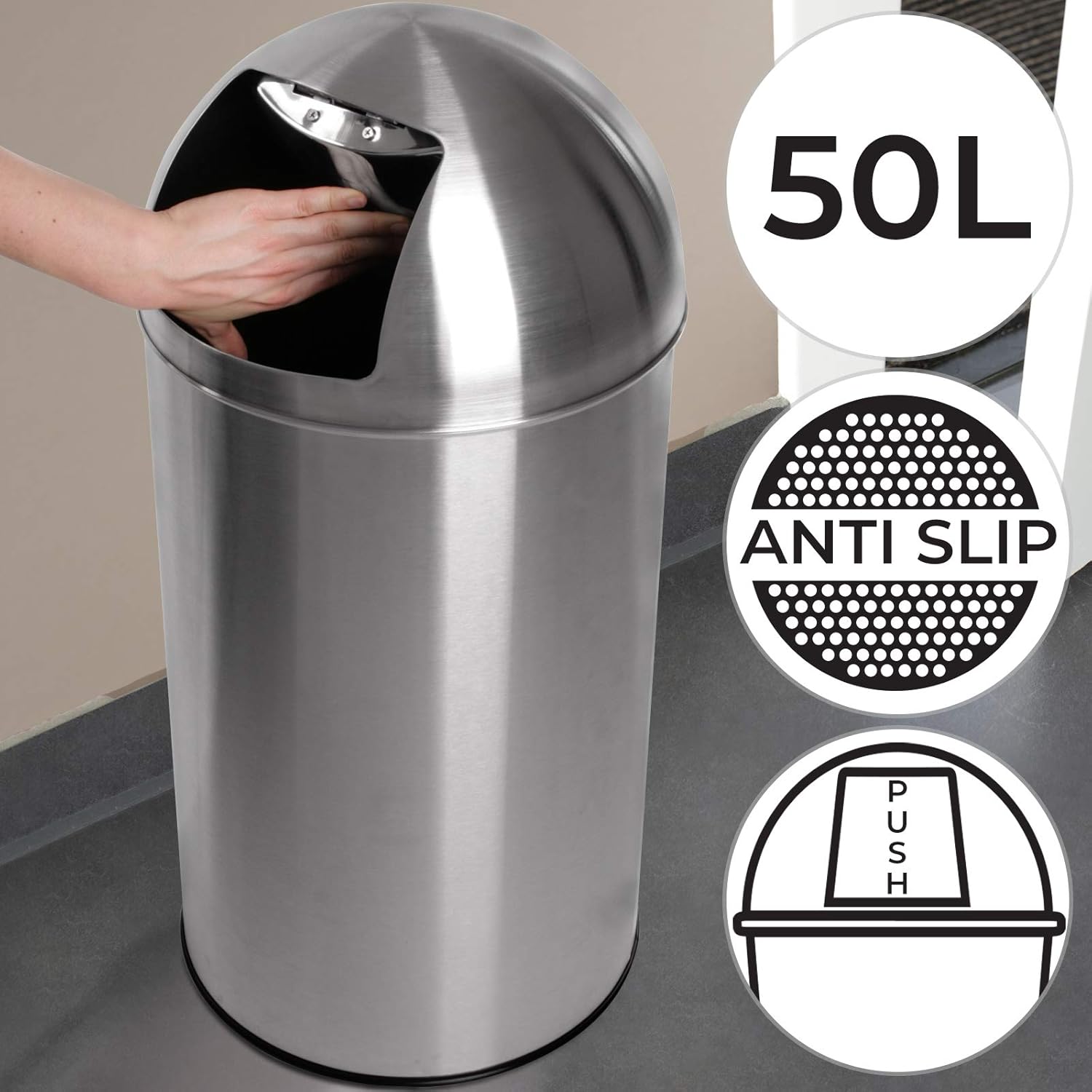 Jago Trash Bin with Push Top Stainless Steel, 50L Capacity, nonslip