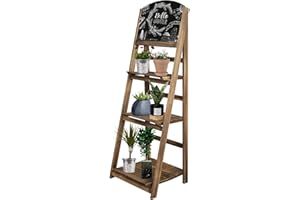 ACEHOME Chalkboard Display Ladder Shelf, Decorative Bookshelf, 3-Tier Wooden Plant Shelf Rack with Chalkboard Stand, Free Standing Easel Bookshelf, for Balcony, Living Room, Pub, Cafe Shop, Brown