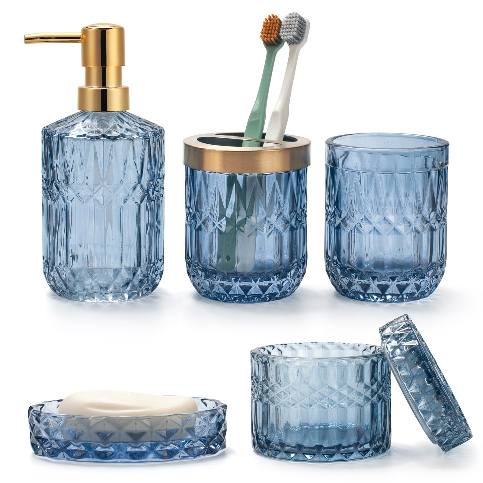 5PCS Blue Glass Bathroom Accessories Sets of Lotion Dispenser, Soap Dish, Toothbrush Holder, Tumbler, Cotton Swab Jars, Modern Bath Decor, Vintage Gift