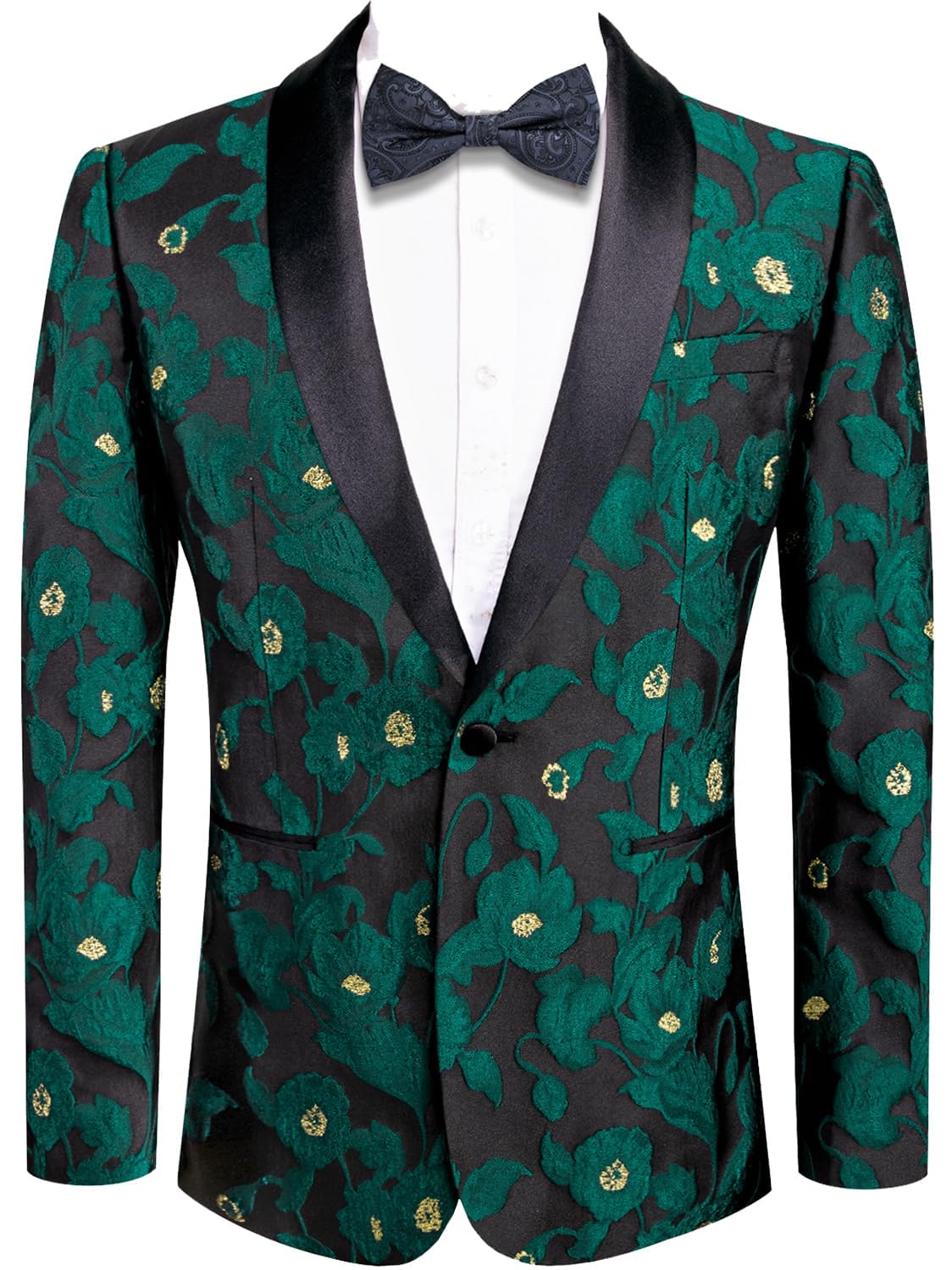Hi-Tie Stylish Men Suit Jacket Blazer Shawl Lapel One Button Slim Fit Long Sleeve Jacket Tuxedo Party Dinner,Black Green Gold,Small Image