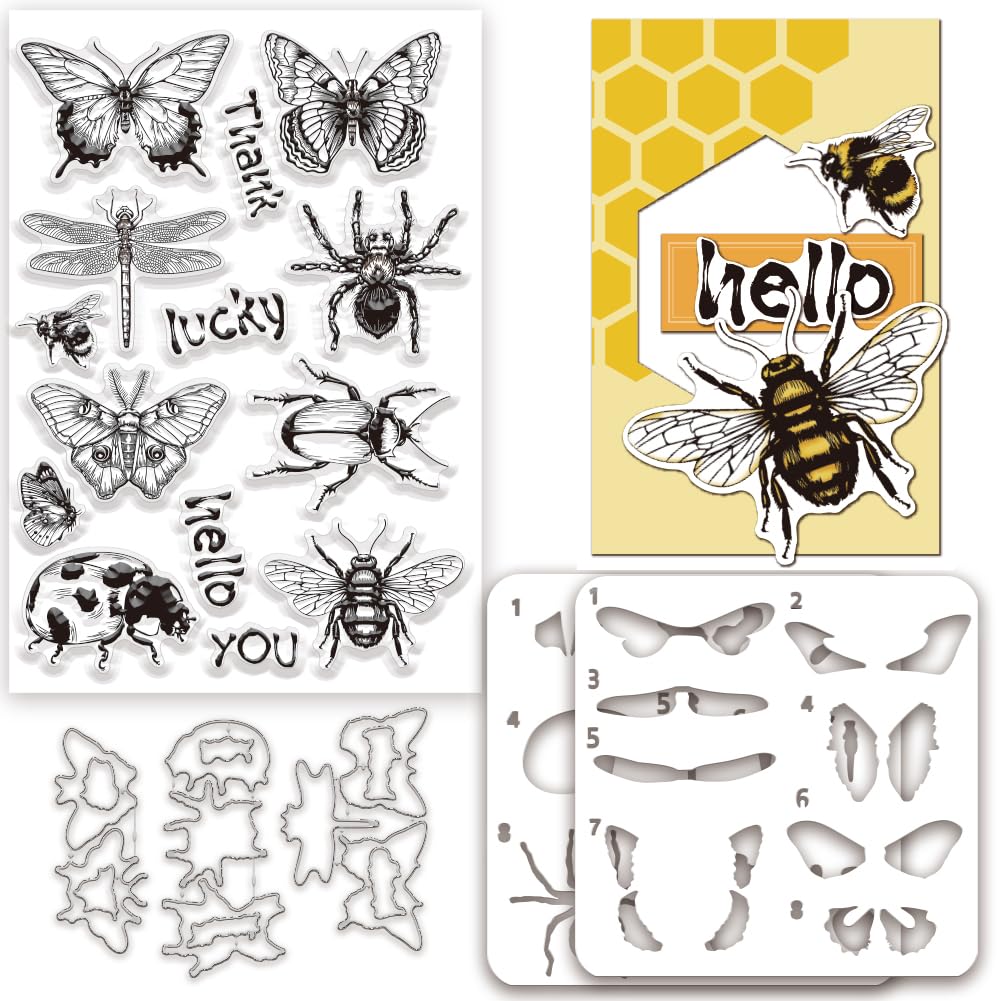 INFUNLY Insect Stamp and Dies Spider Painting Stencils A4 Size Butterfly Clear Stamps and Cutting Die Animal Hollow Painting Stencil Set for DIY Card Making Scrapbooking Craft Home Decor