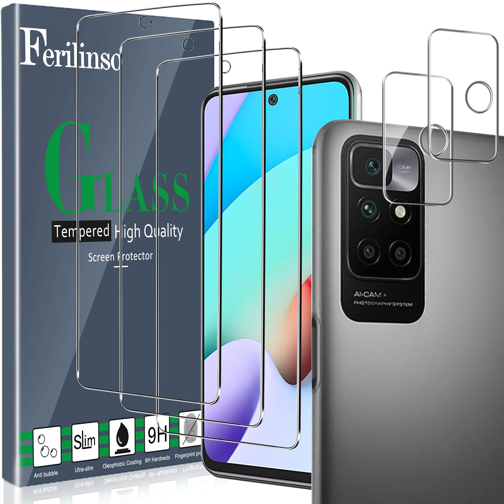 Ferilinso Designed for Xiaomi Redmi 10 Screen Protector, 3 Pack HD Tempered Glass with 2 Pack Camera Lens Protector, Case Friendly, 9H Hardness, Bubble Free, Easy Installation