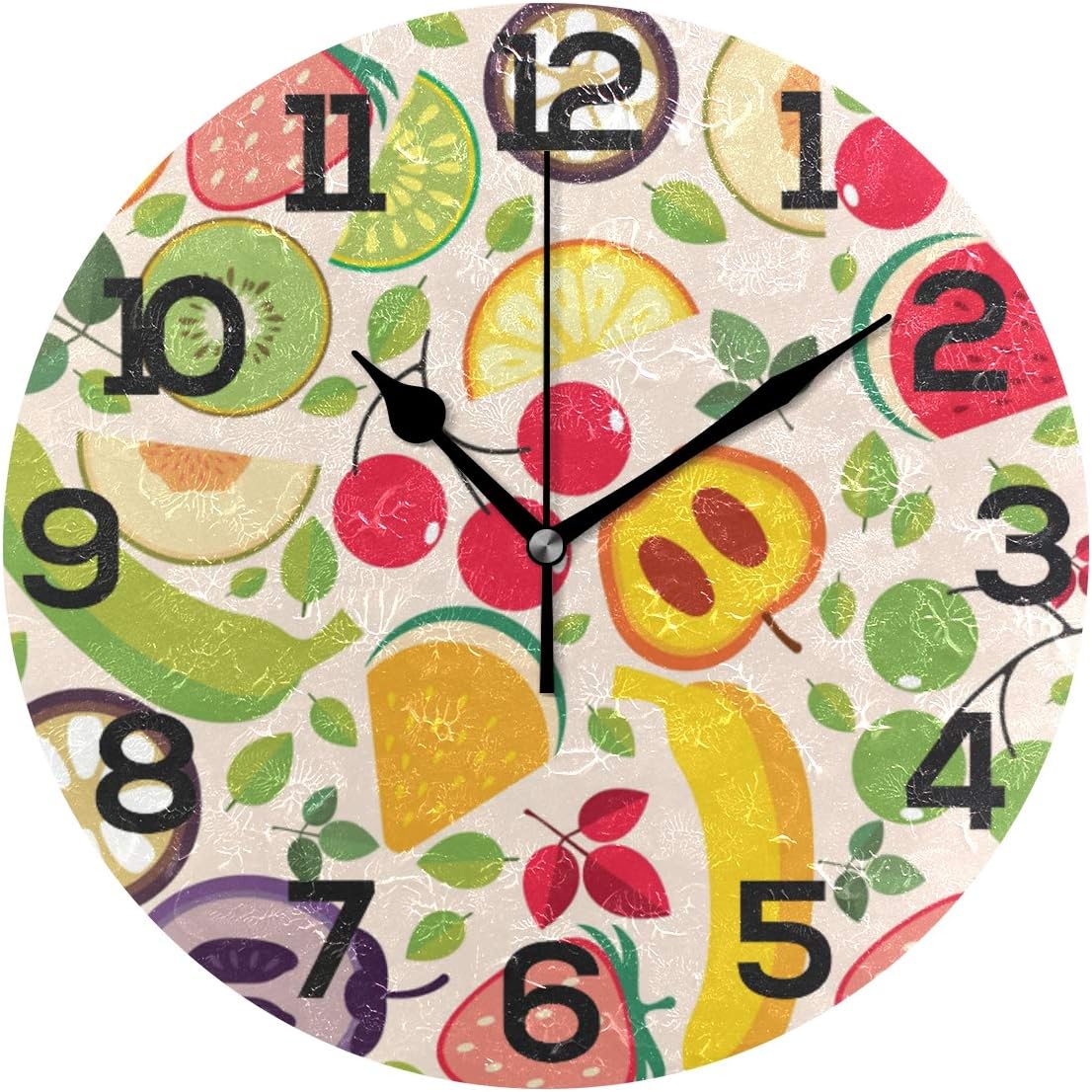 BONIPE Summer Fruit Pattern Banana Strawberry Wall Clock Silent Non Ticking Acrylic 10 Inch Home Office School Decorative Round Clock Art