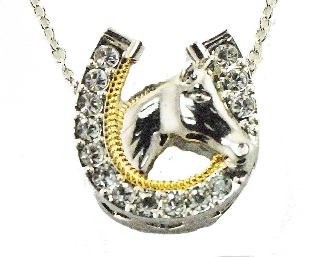 Western bling horse lover jewelry crystal rhinestone embossed rope edge horsehead in horseshoe necklace