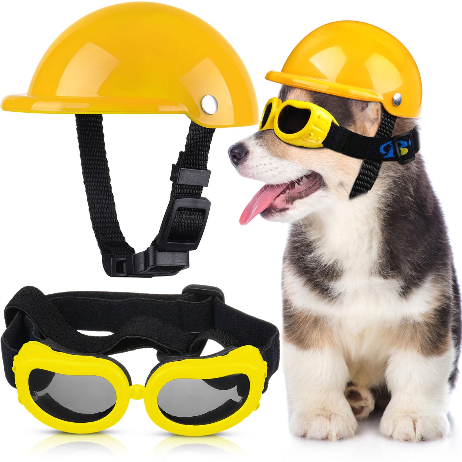 Dog Helmet and Goggles Set - 4 Inch Padded Motorcycle Helmet, Sunglasses Safety Cap, Hard Hat With Adjustable Belt for Small Pets Riding, S Size (Yellow)