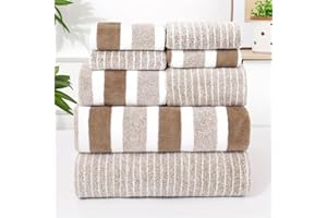 8pcs Coral Fleece Towel & Bath Towel Set, Striped 30x30cm washcloth/35x75cm Hand Towel/70x140cm Bath Towel Soft Absorbent(Bro