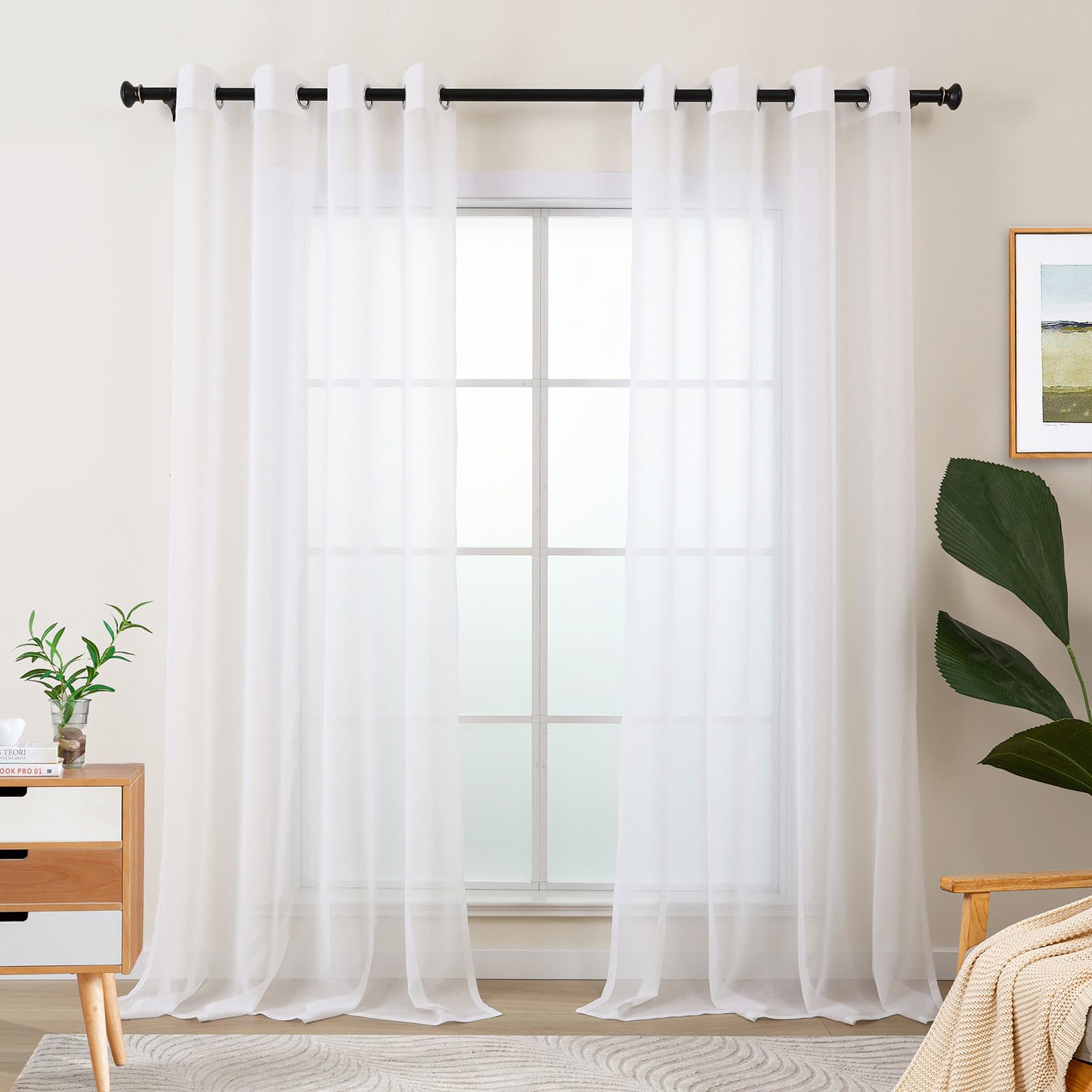 L.Z.E Sheer Curtains for Windows, White Curtains & Drapes for Living Room Bedroom Nursery, 69-70 Inch Drop & Short Eyelet Sheer Curtains, 2 Panels Set Light Linen Look