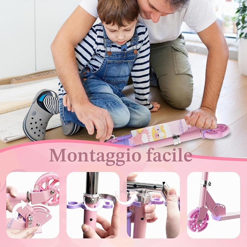 Monopattino per bambini in alluminio, pieghevole, con 3 altezze regolabili, per regali per 3 + ragazzi e ragazze (rosa)