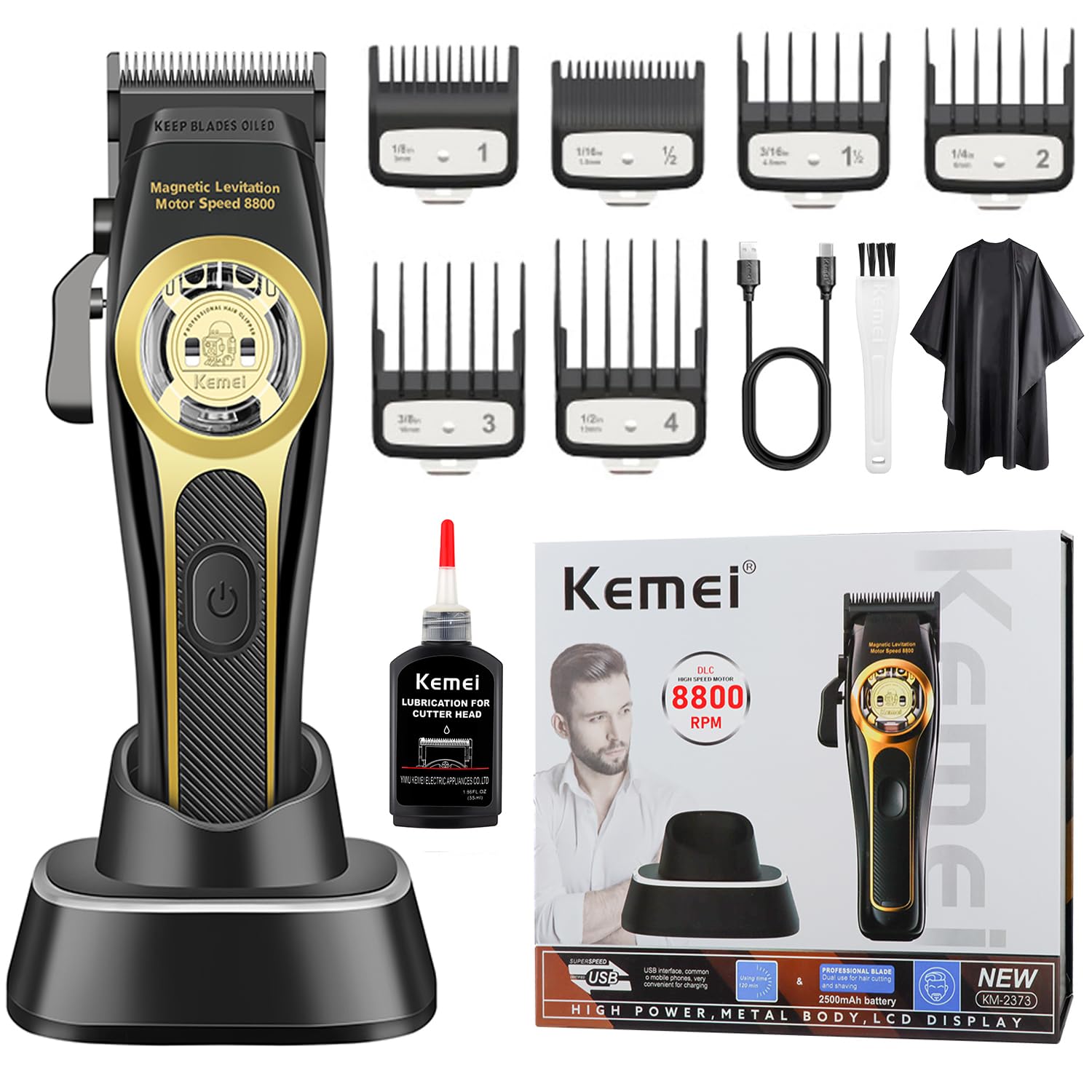 KEMEI 2373 Professional Hair Clipper for Men, 8800 RPM Magnetic Levitation Brushless Motor, DLC Blade Barber Clipper