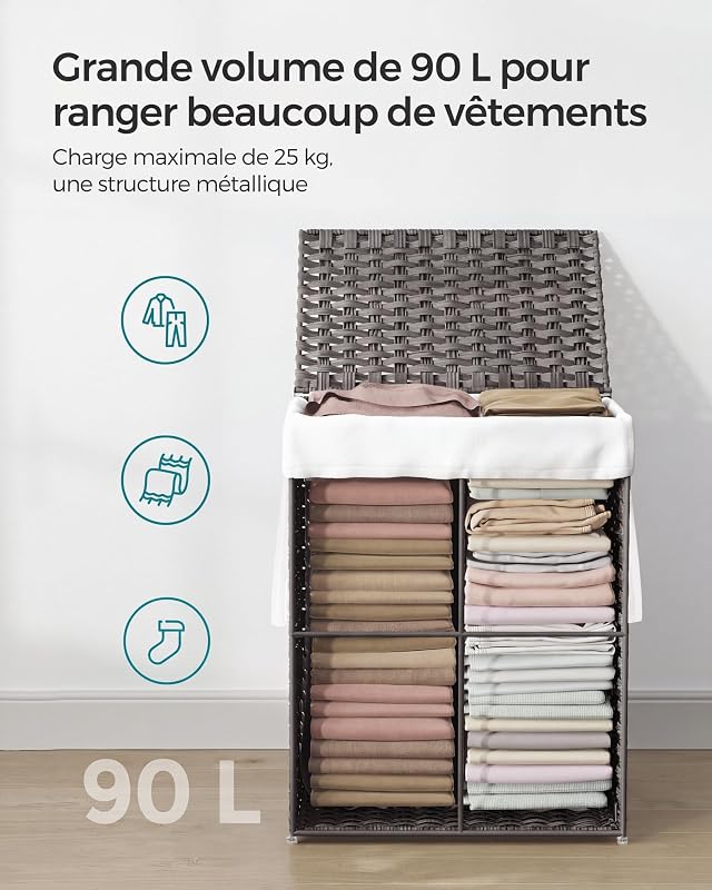 Panier à linge 90 litres, en rotin synthétique, avec couvercle
