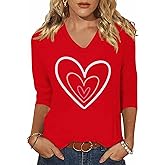 Valentines Shirts for Women Love Heart Printed Graphic T-Shirt 3/4 Sleeve V Neck Holiday Valentine Gift Tee Tops