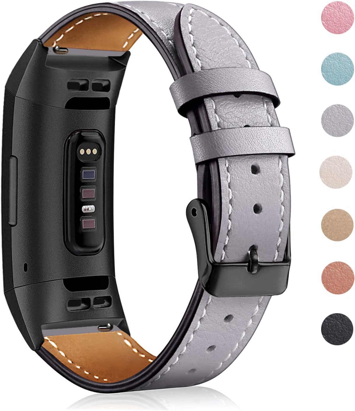 Mornex Strap Compatible Fitbit Charge 3 Strap/Charge 3 SE Leather band, Classic Adjustable Replacement Wristband Fitness Accessories Metal Connectors